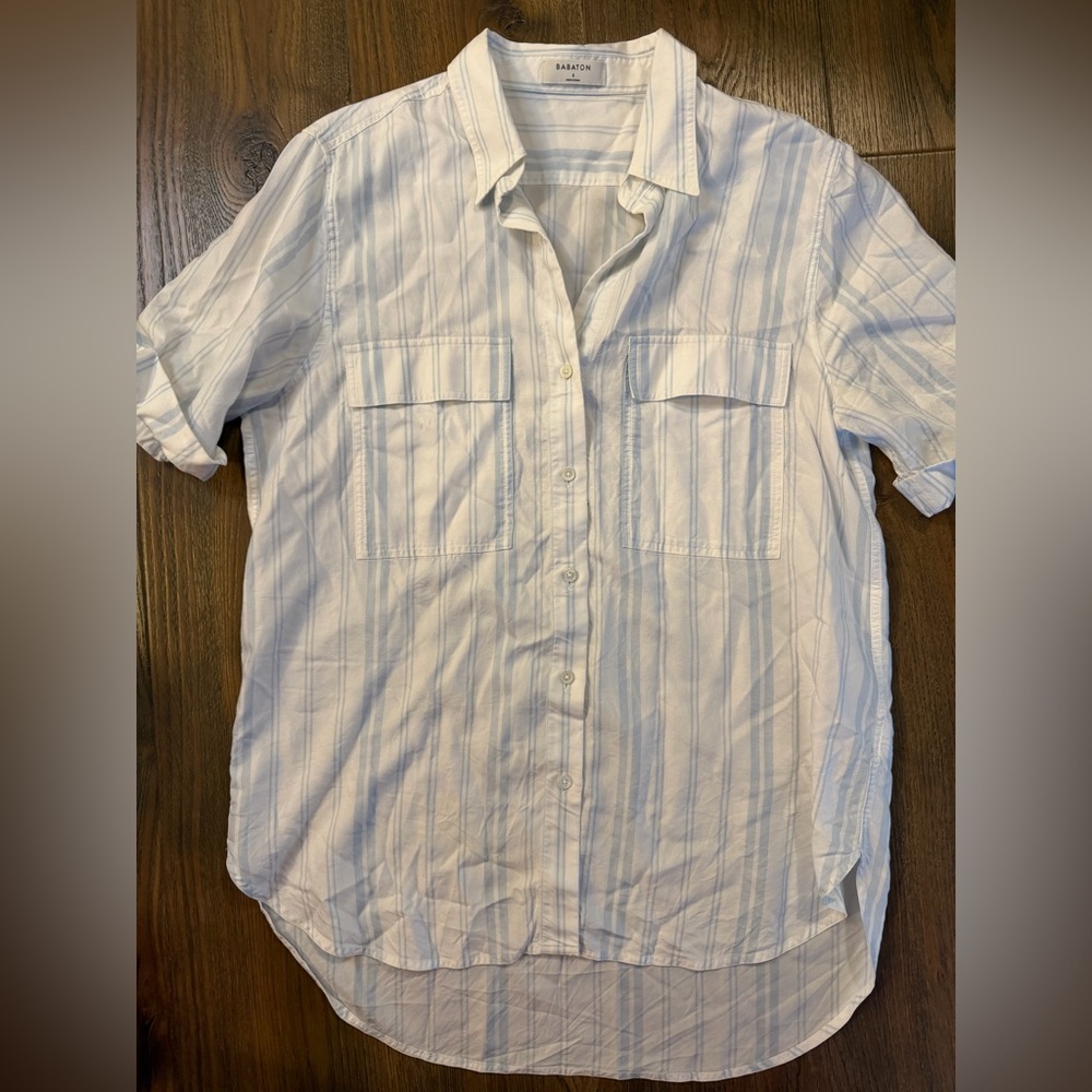 Babaton Aritzia White Short-Sleeve Button-Down with Light Blue Stripes